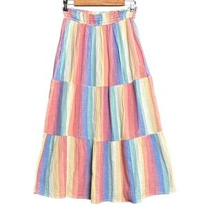 Marine Layer Corinne Striped Cotton Tiered Skirt Womens M Smocked Waist Pockets